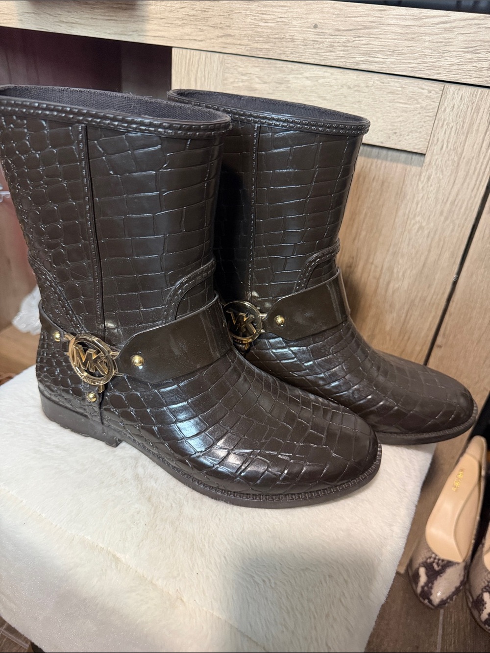 Michael Kors Dark Brown Croc-Embossed Leather Lace-Up Boots with Gold MK Accent - Picture 2 of 9